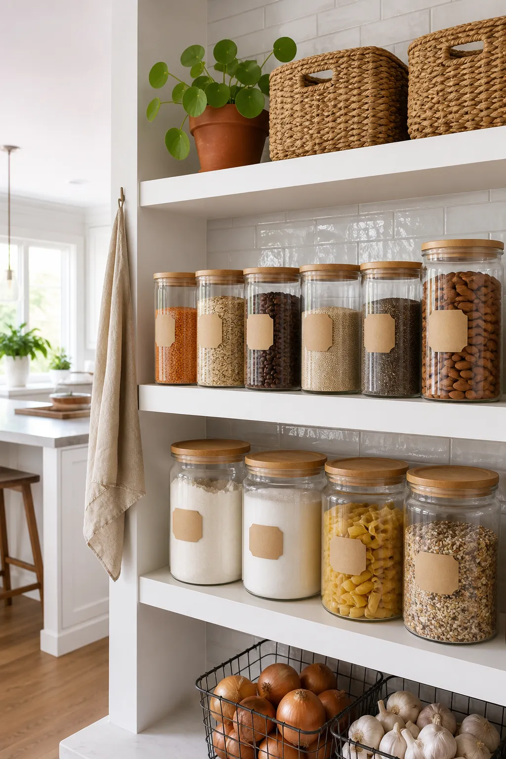 Calm open pantry shelves lined with matching glass storage jars
