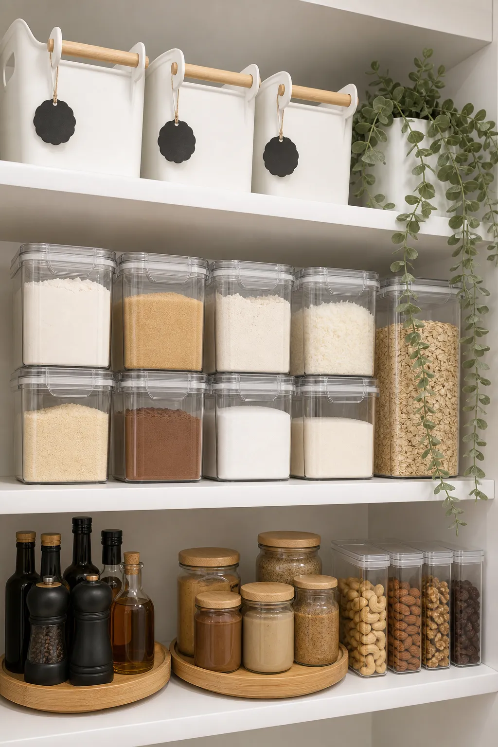 Small white baking pantry divided into organized ingredient and equipment zones