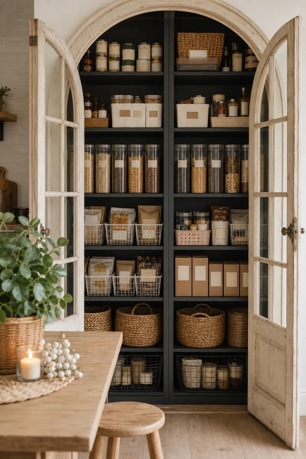 Arched closet converted into a pantry with shelves of woven baskets