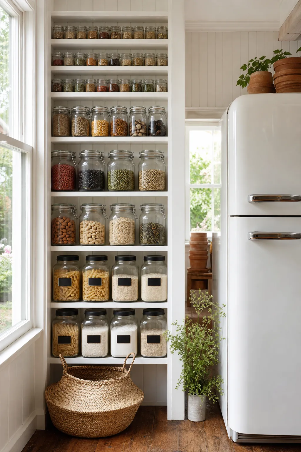 Bright narrow kitchen pantry organized with clear glass food containers