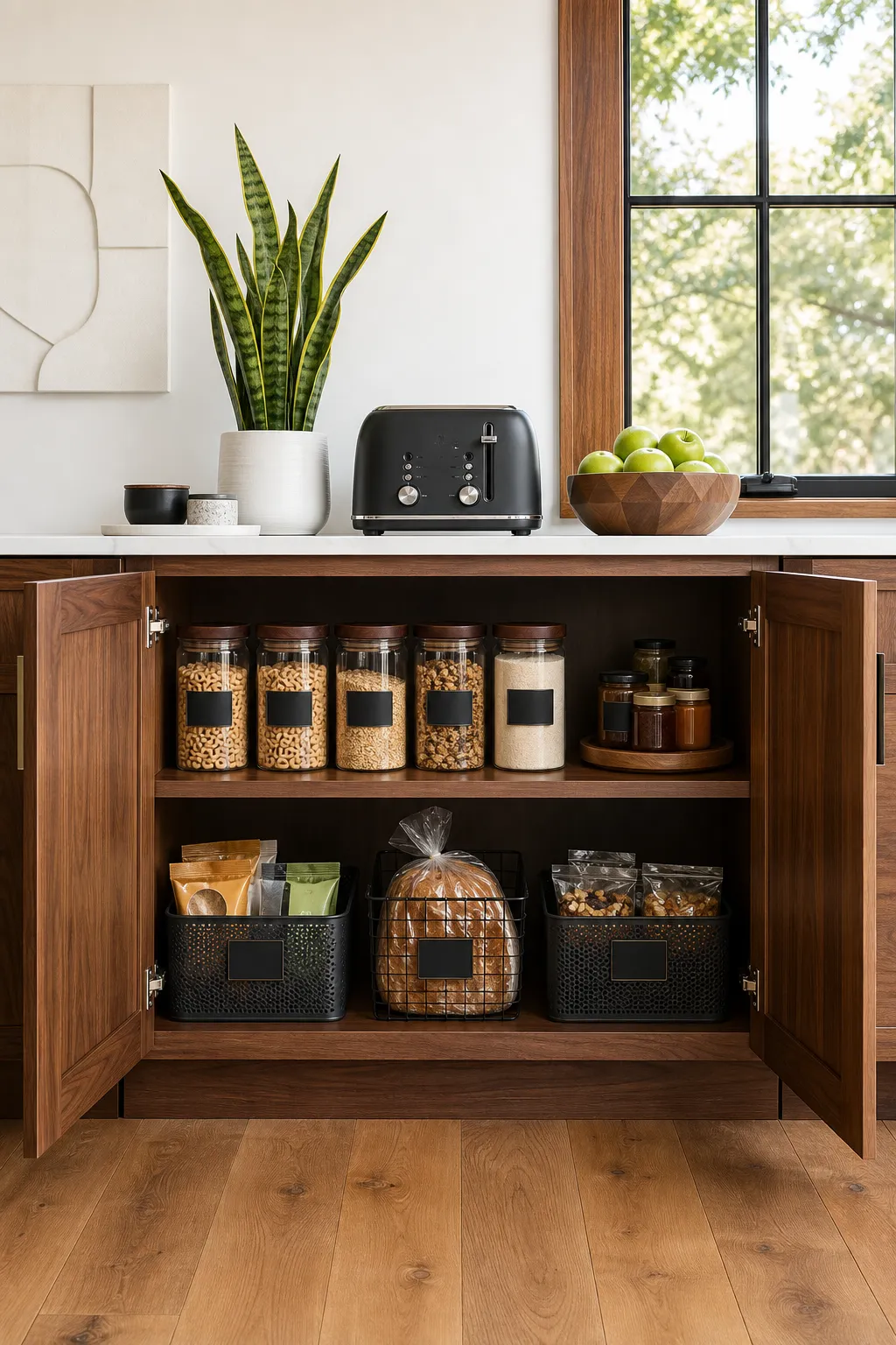 Modern breakfast cabinet with organized shelves for morning essentials