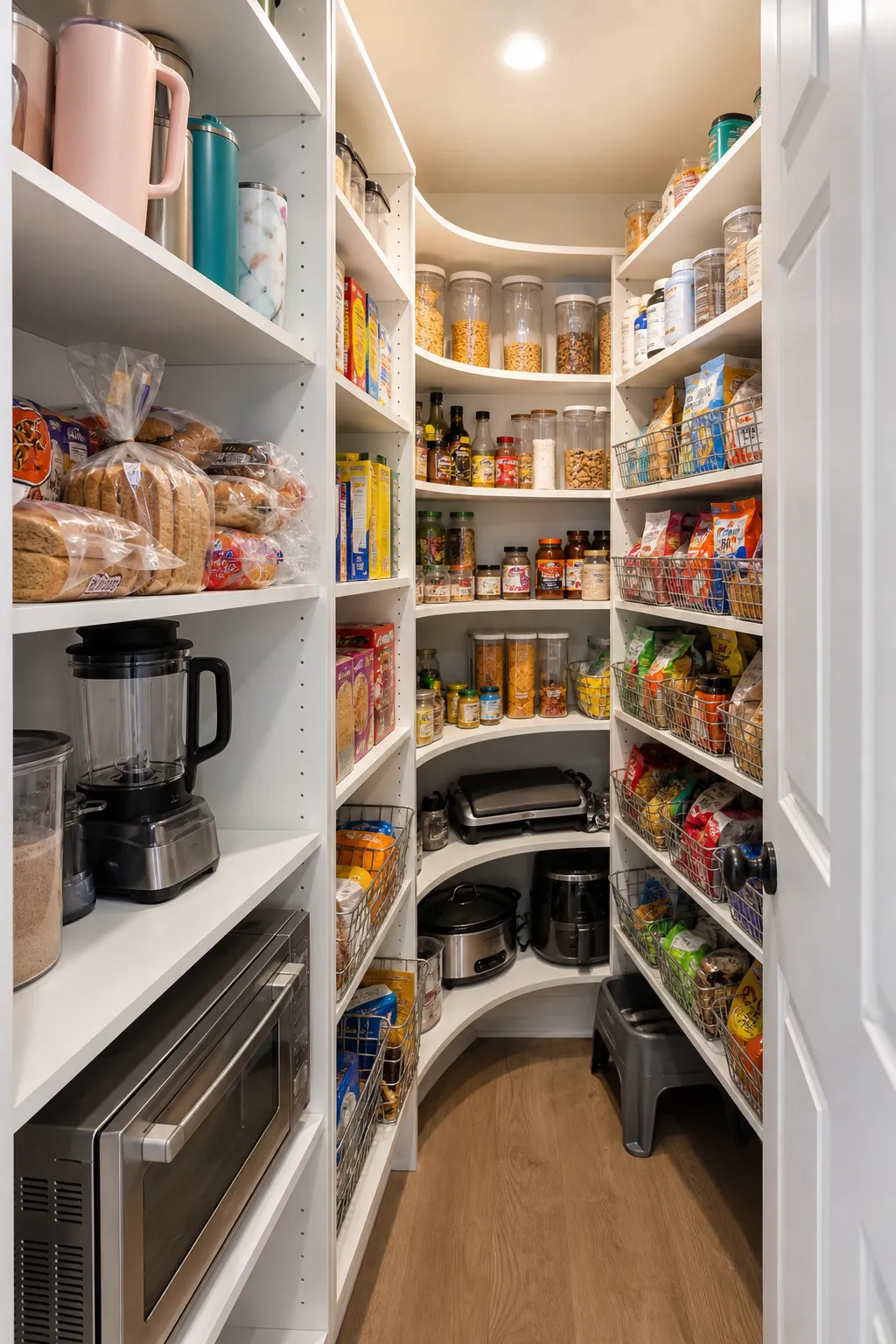 Bright walk-in pantry with shelving designed to use every corner