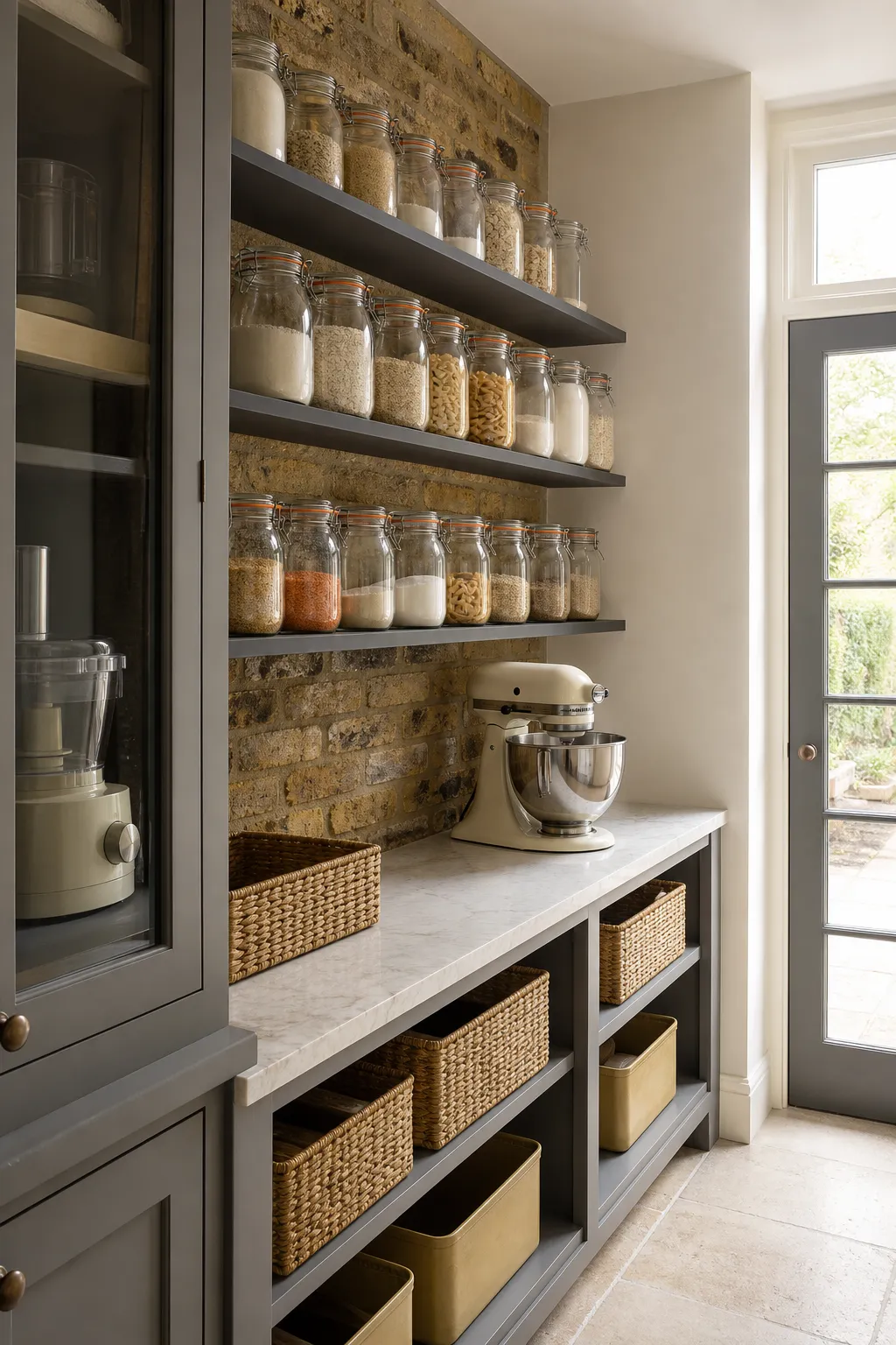 Rustic butler pantry featuring warm brick walls and open wood shelving