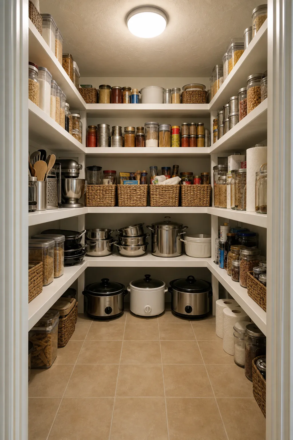 Small closet pantry streamlined with labeled woven storage baskets