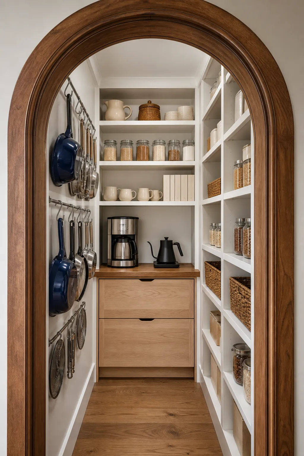 Compact pantry with an organized coffee maker and beverage supplies