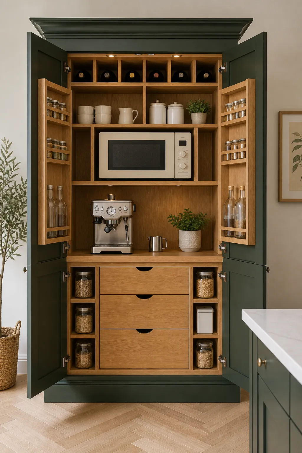 Green kitchen cabinetry opened to reveal concealed pantry storage