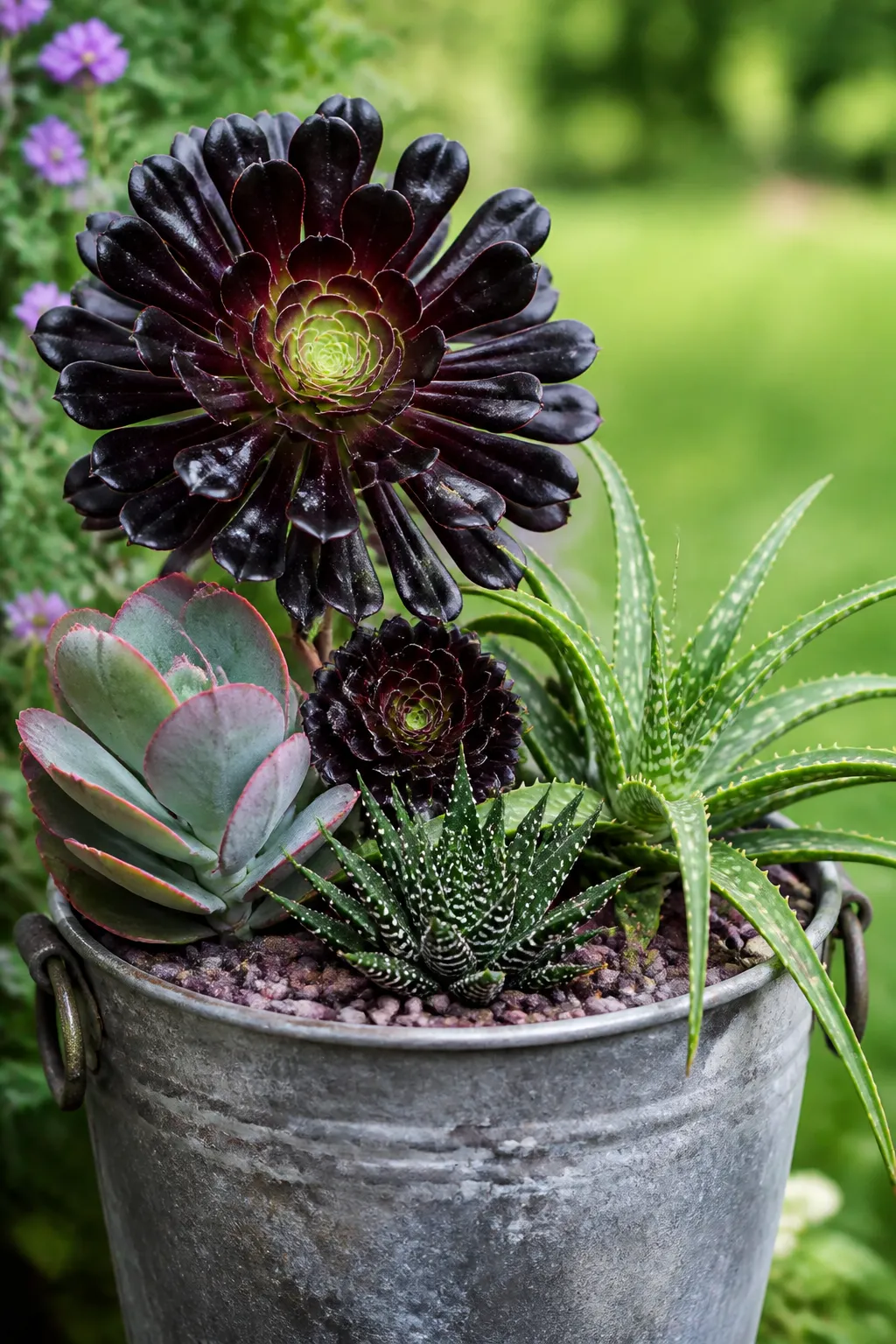 Rustic garden bucket filled with an assortment of colorful succulents