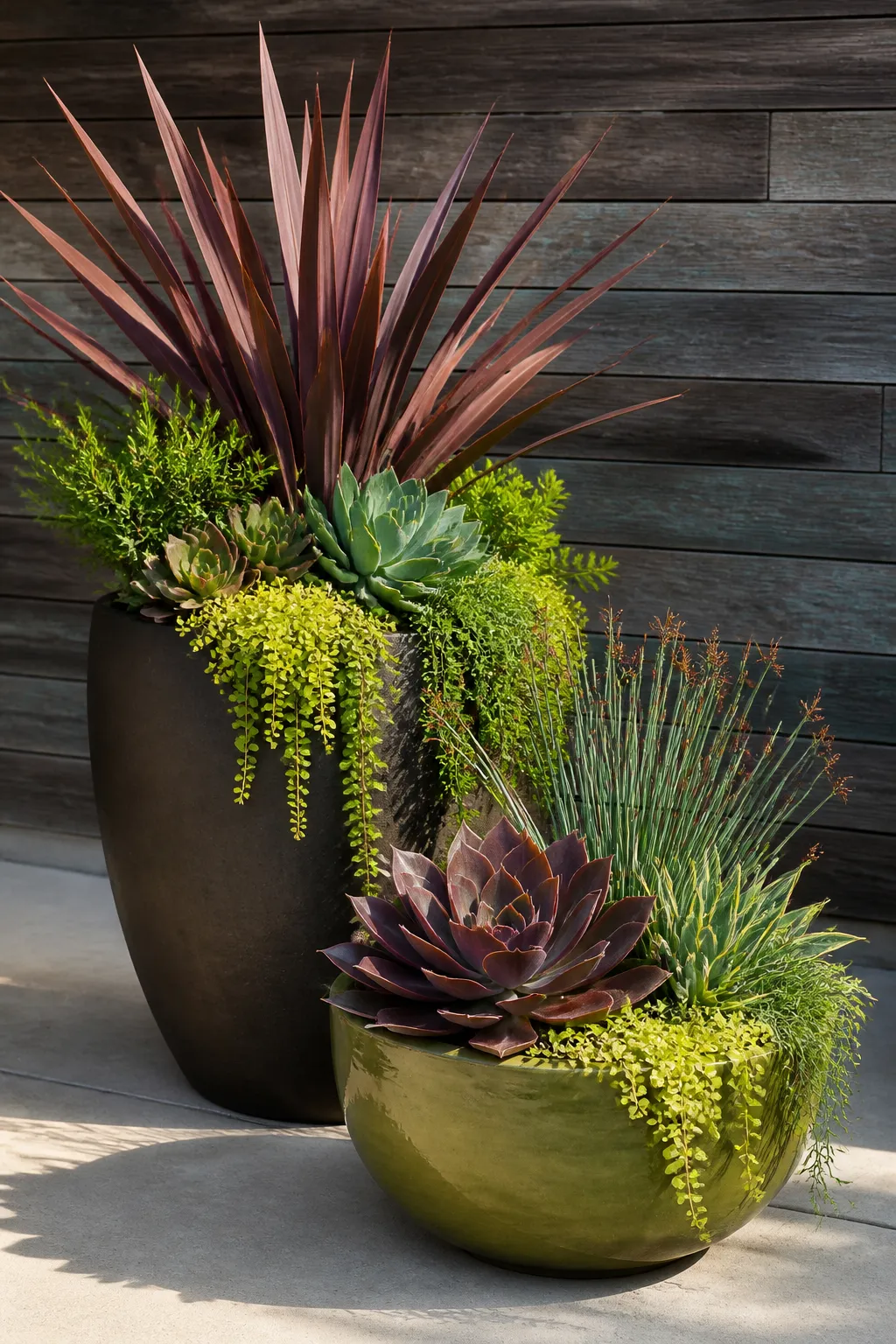 Tall modern outdoor planters containing succulents and ornamental grasses