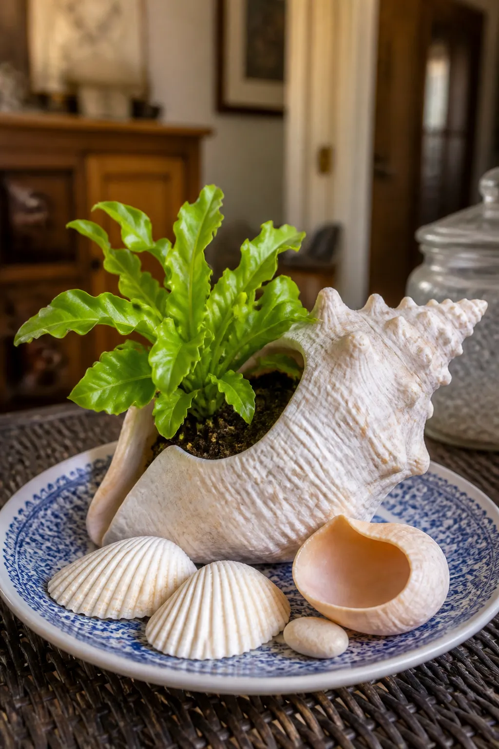 Small coastal succulent arrangement planted inside a conch shell