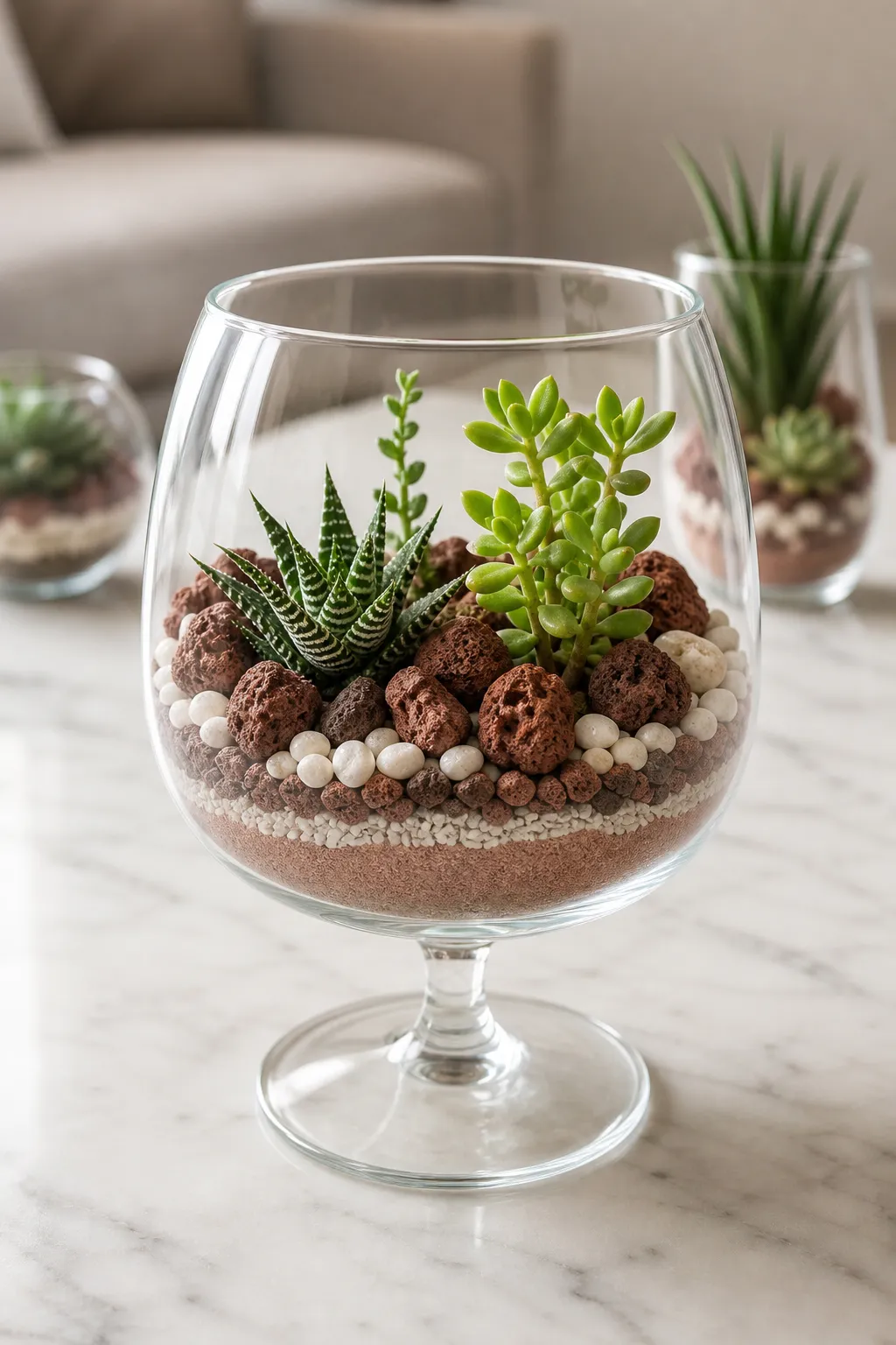 Mini succulent terrarium arranged inside a clear glass goblet