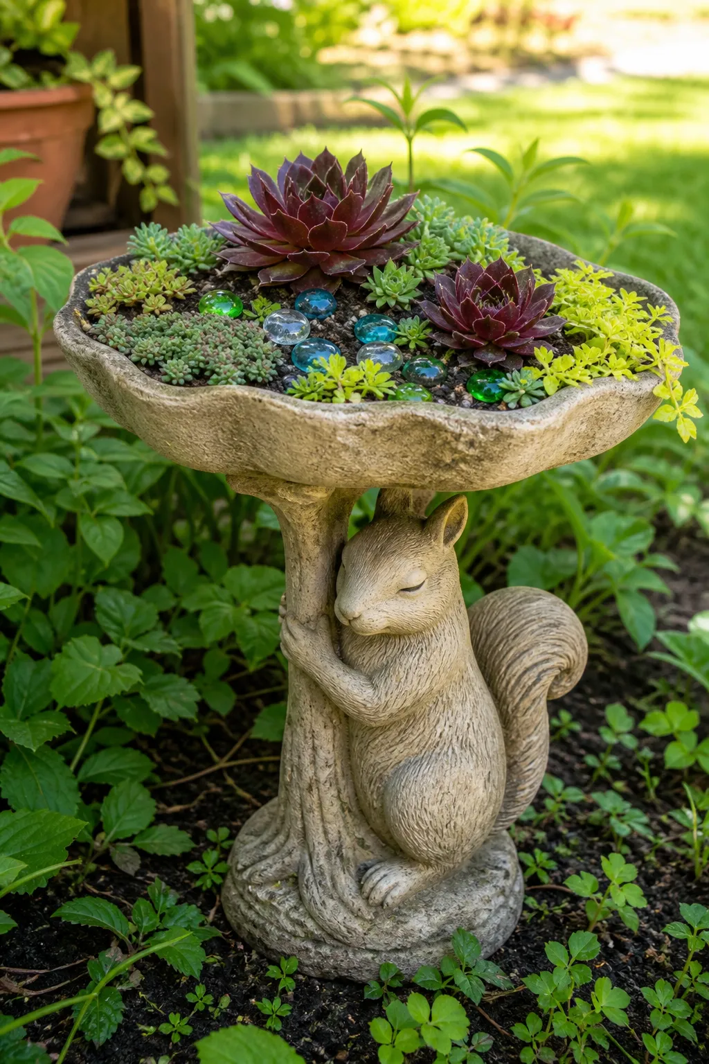 Whimsical squirrel-shaped garden planter holding small succulents