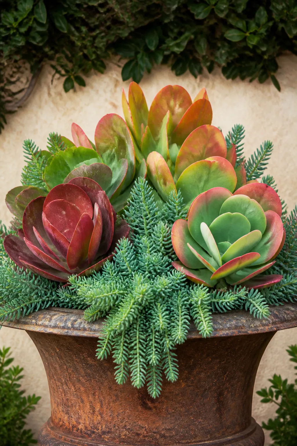 Weathered garden urn planted with succulents beside a rustic wooden paddle