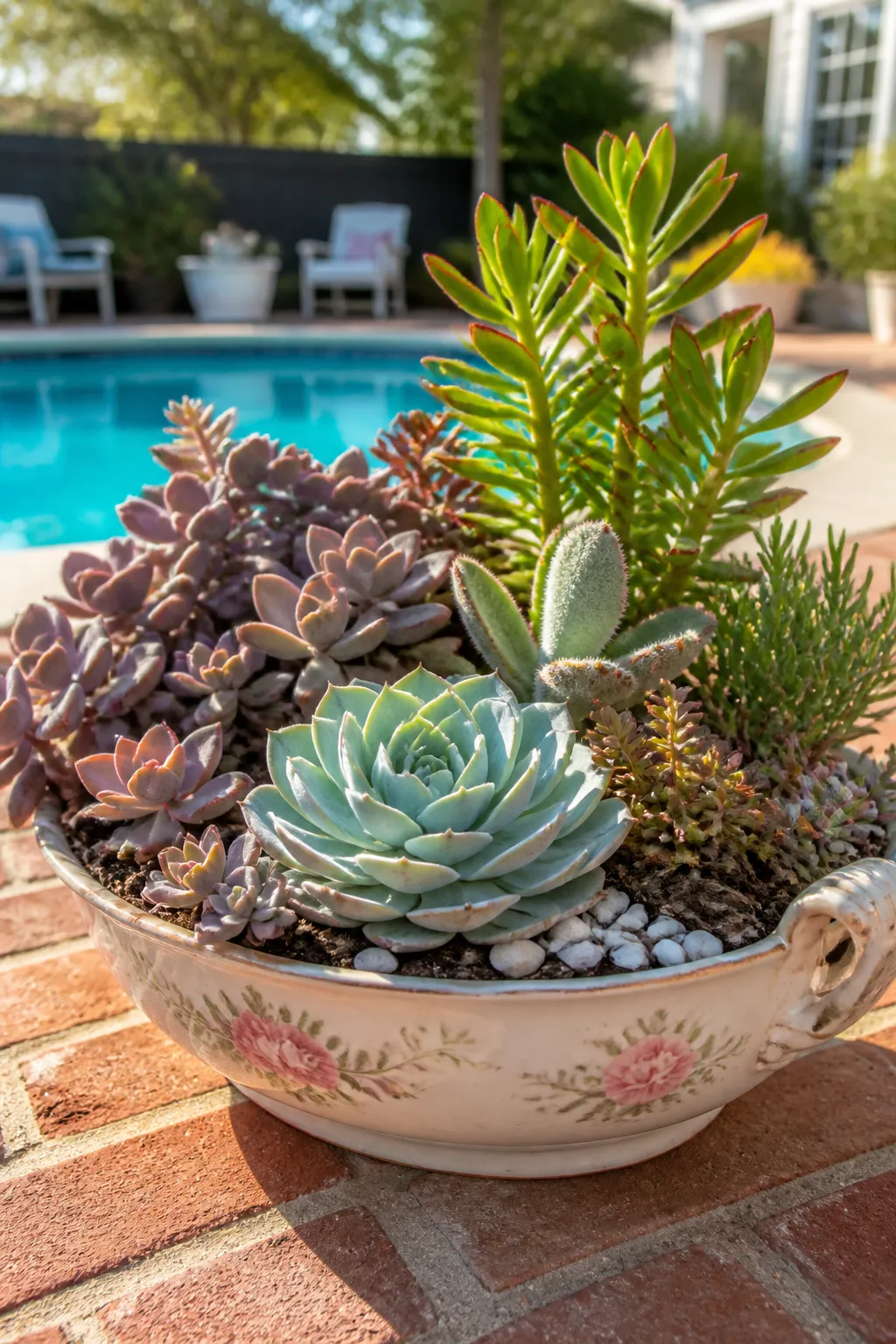 Vintage patterned porcelain bowl repurposed as a mixed succulent garden