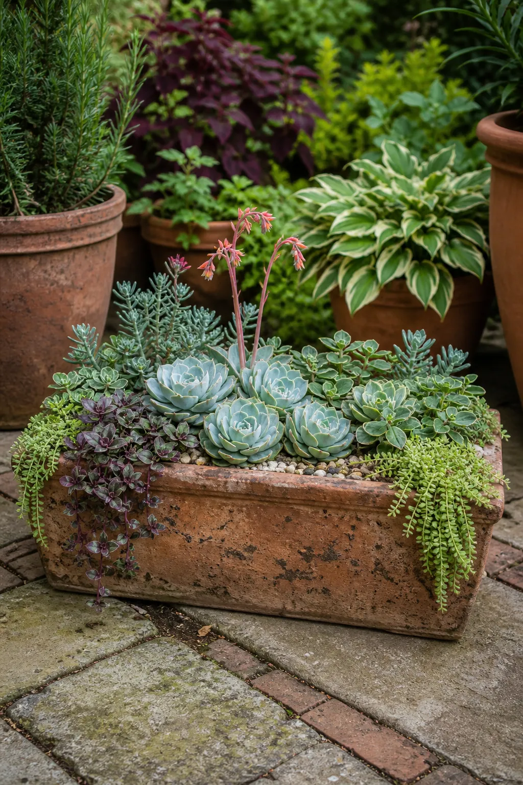 Long terracotta trough filled with layered varieties of succulents