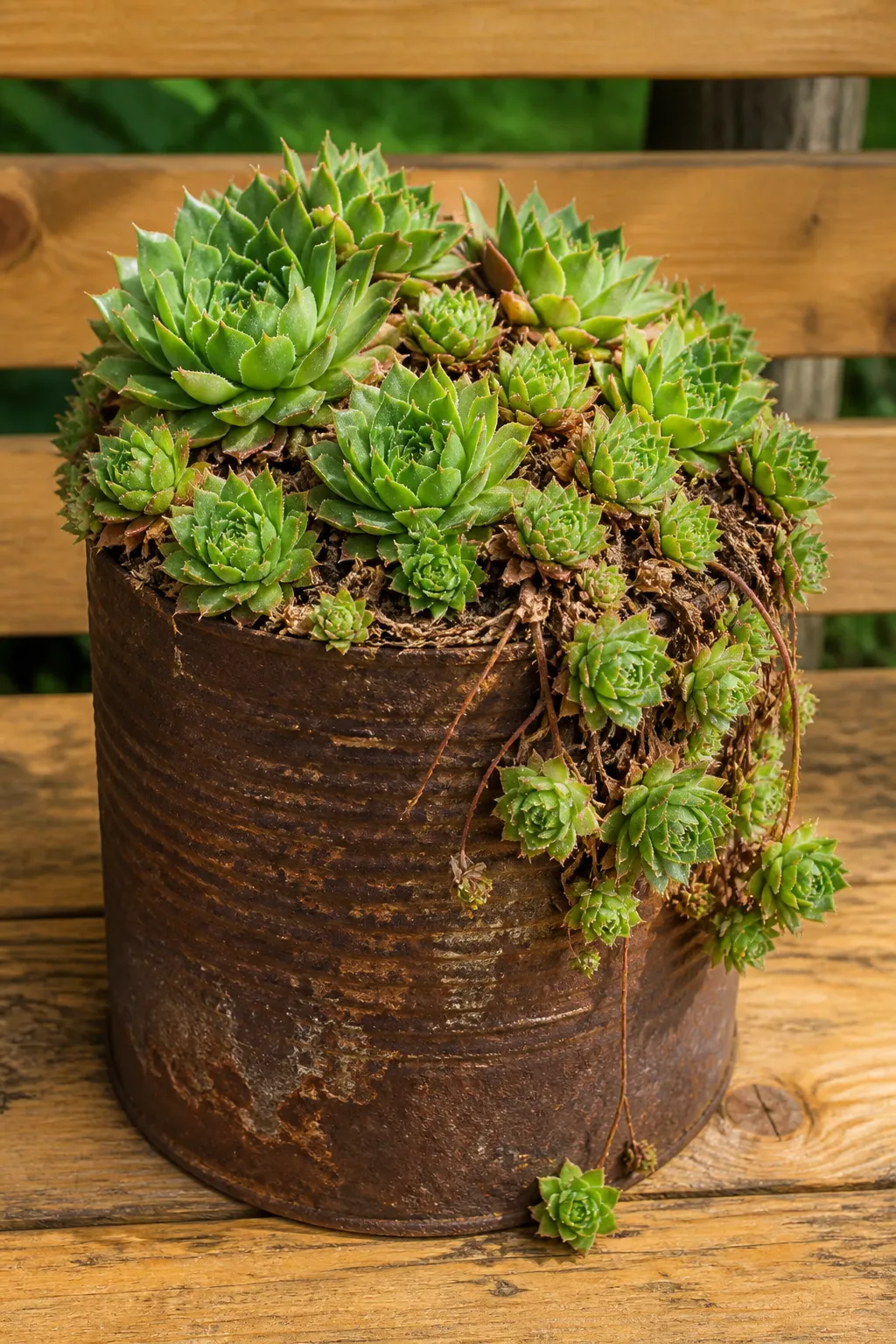 Hen and chicks succulents growing in a weathered rusted tin container