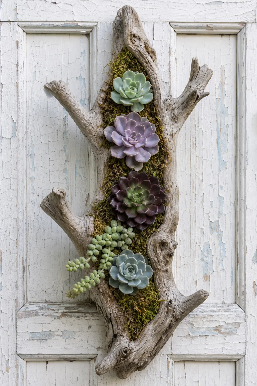 Vertical wall planter made from driftwood and filled with succulents