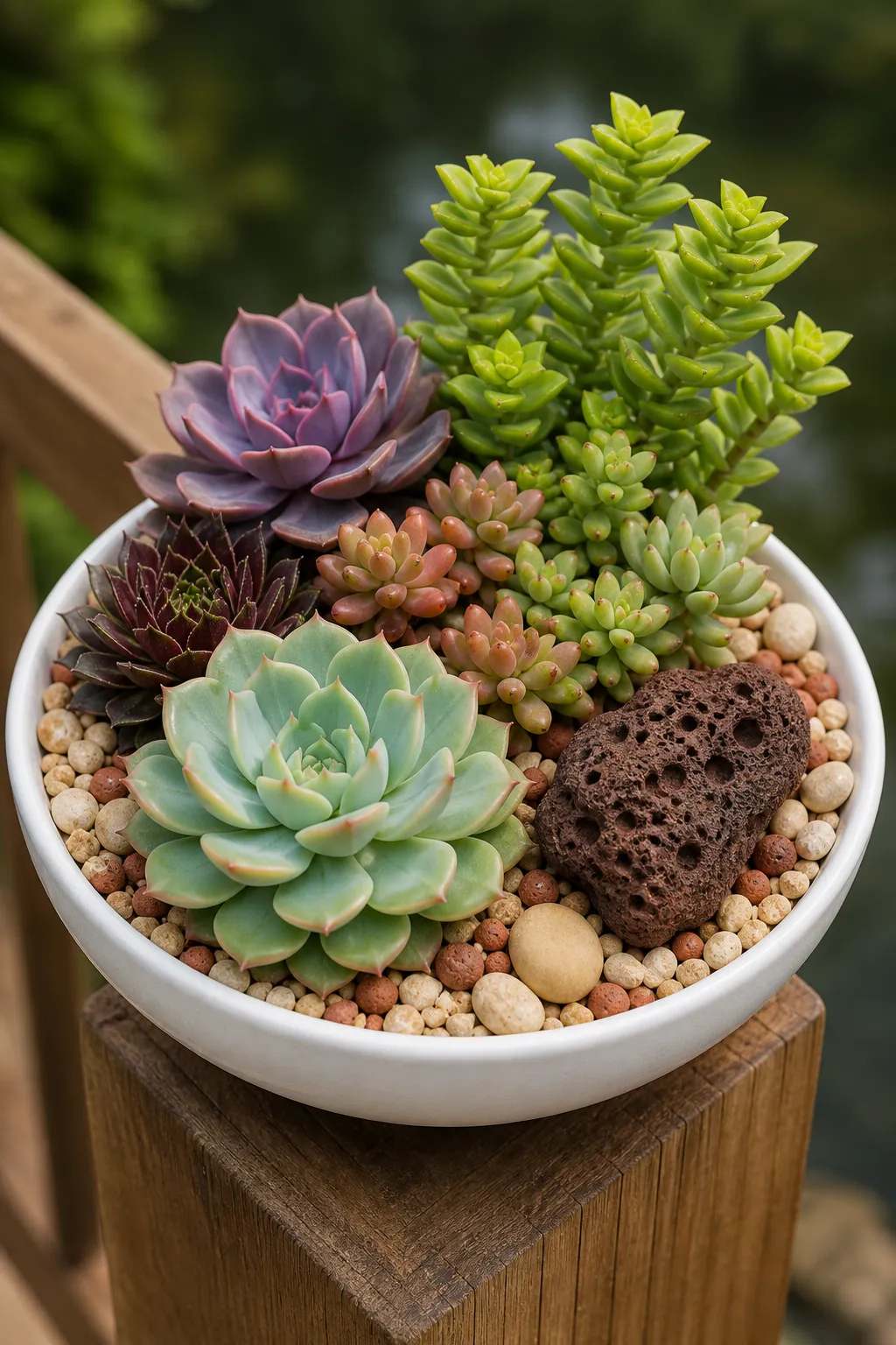 Mini succulent bowl decorated with porous dark lava rock