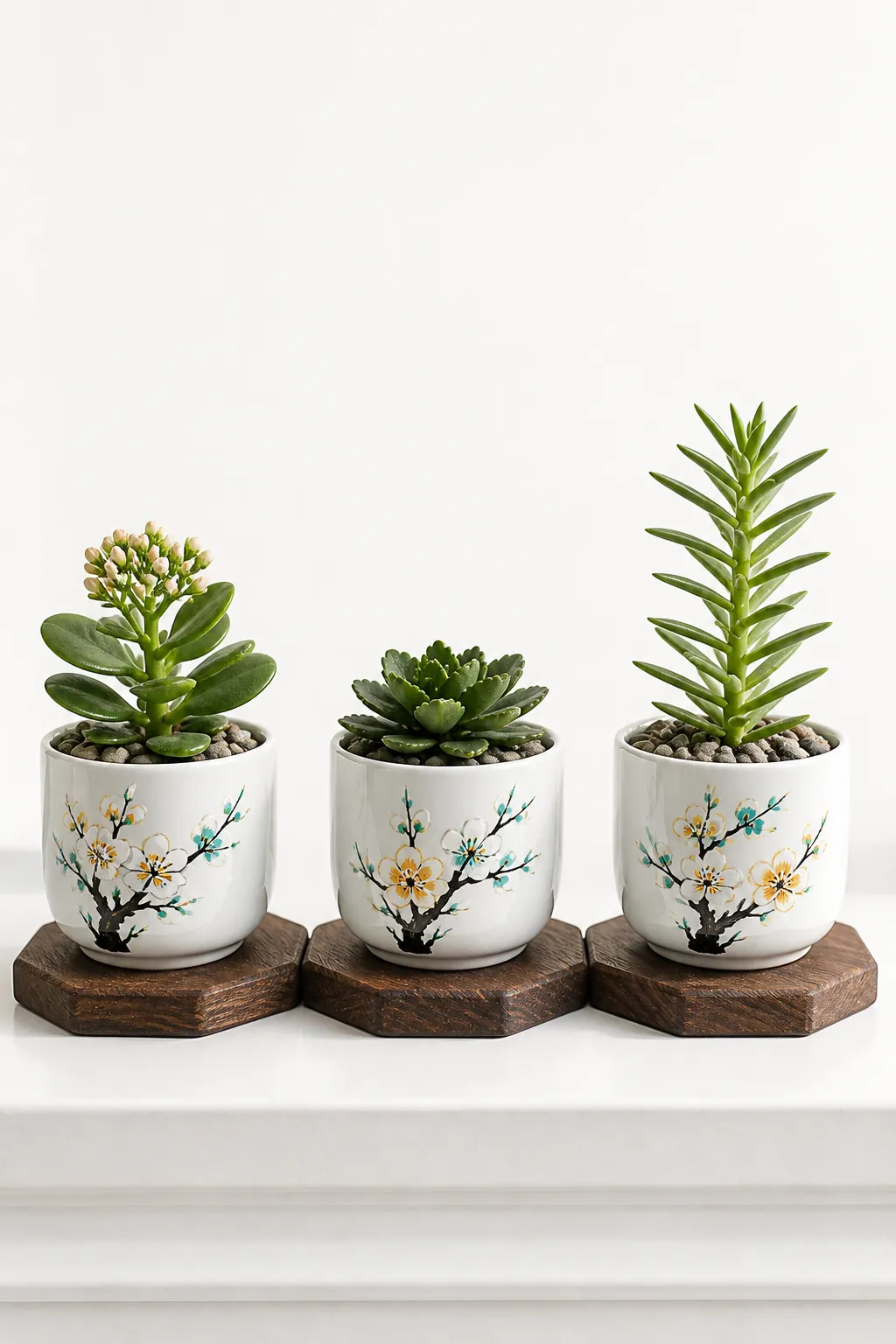 Three brightly painted teacups used as cheerful succulent planters