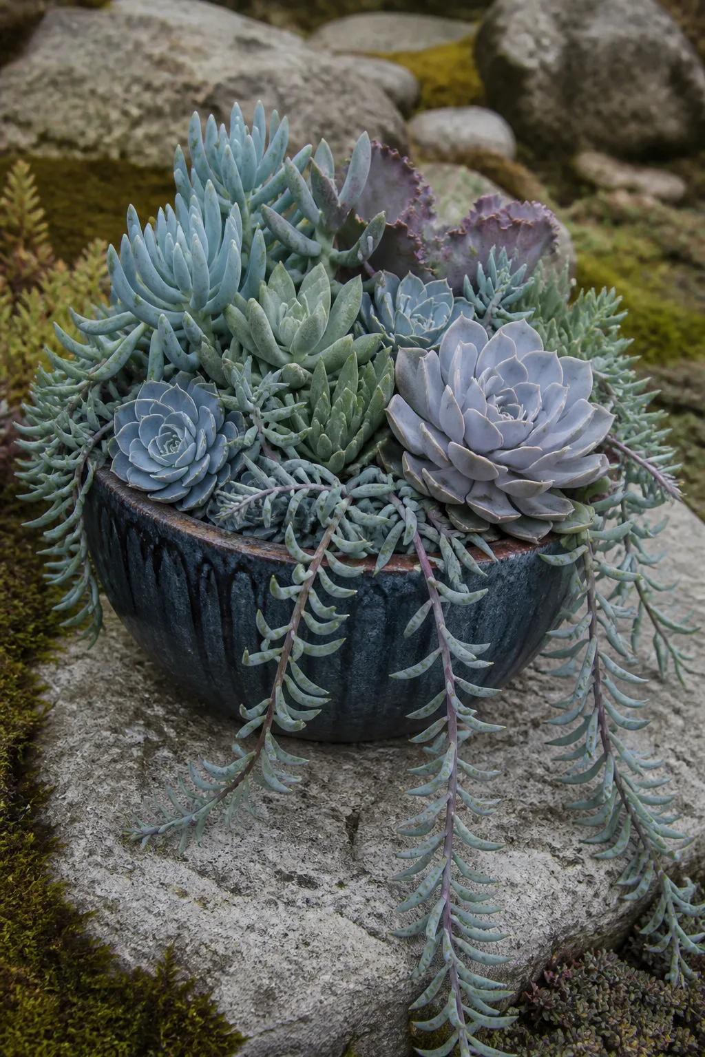 Blue-gray outdoor bowl overflowing with cascading succulents