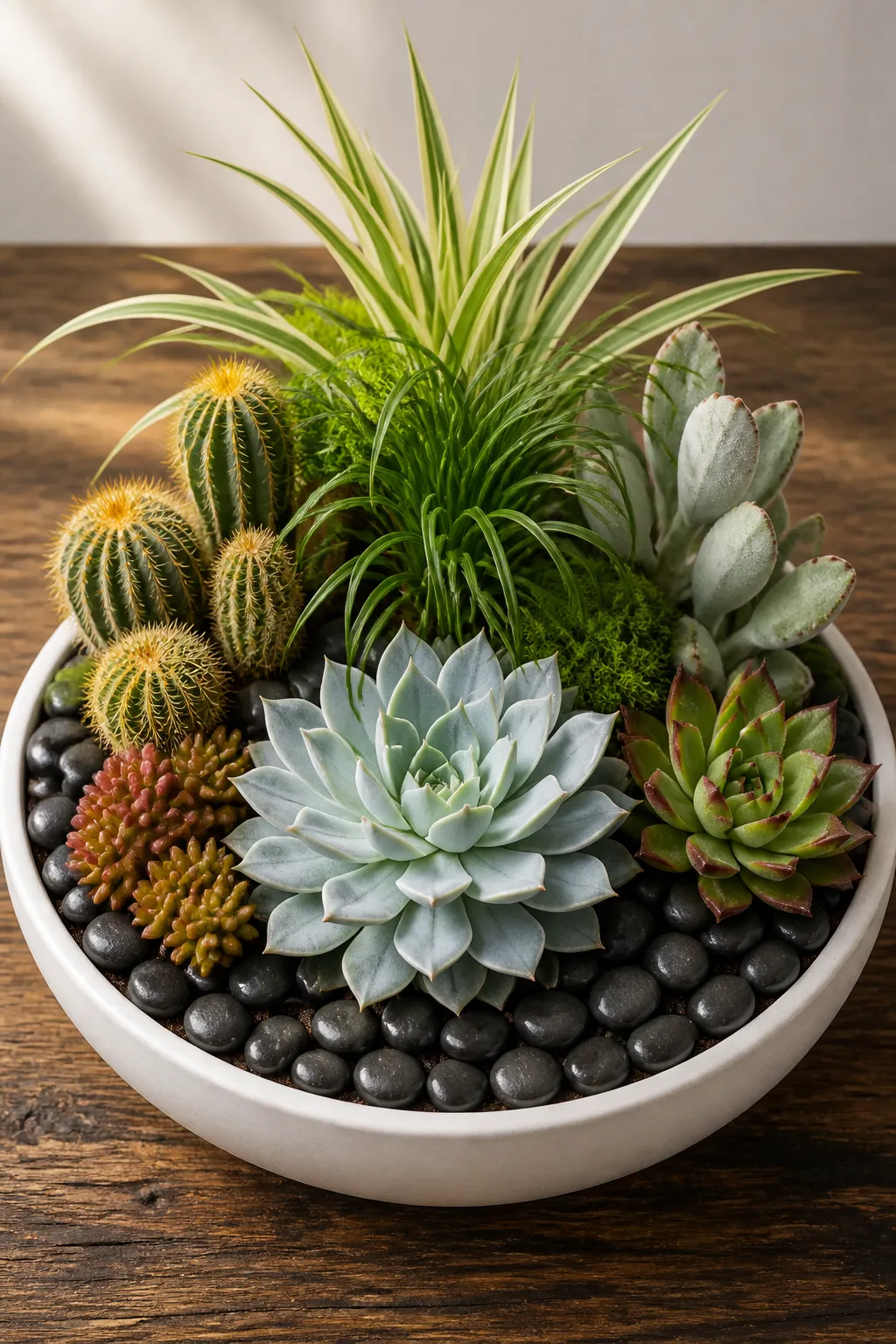 Mixed cacti and succulents arranged in a planter topped with black pebbles