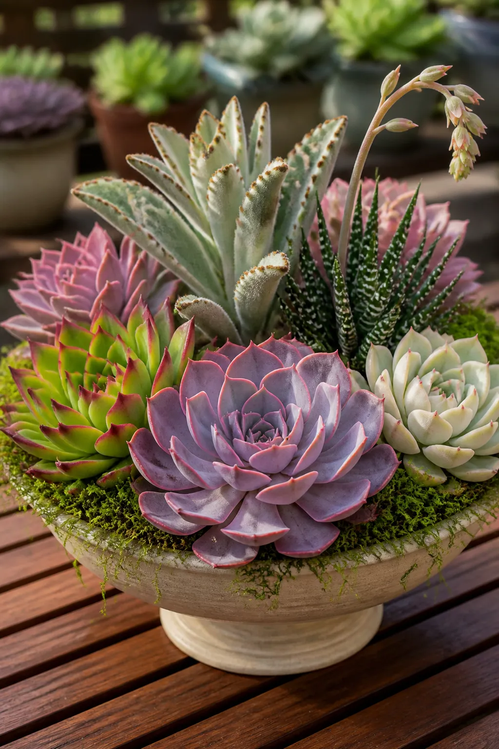Patio centerpiece bowl planted with colorful rosette succulents