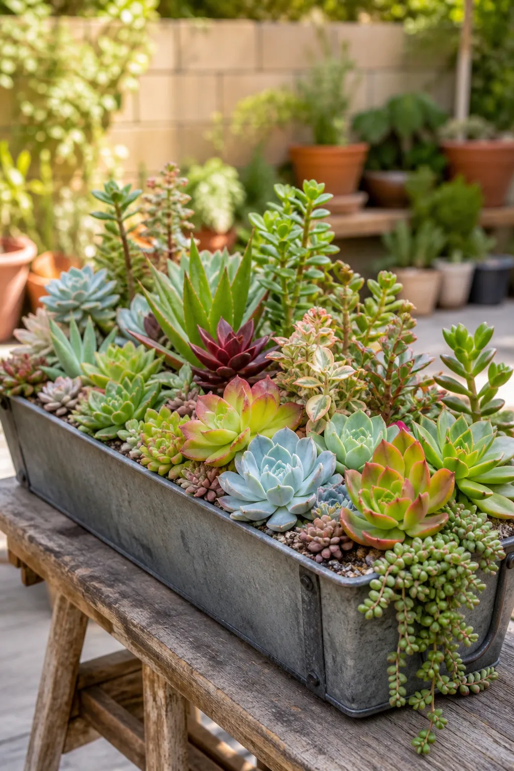 Rustic wooden trough densely planted with colorful mixed succulents