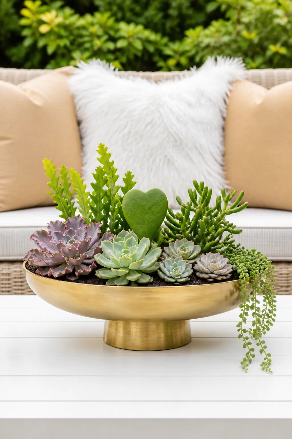 Gold pedestal bowl filled with elegant rosette succulents