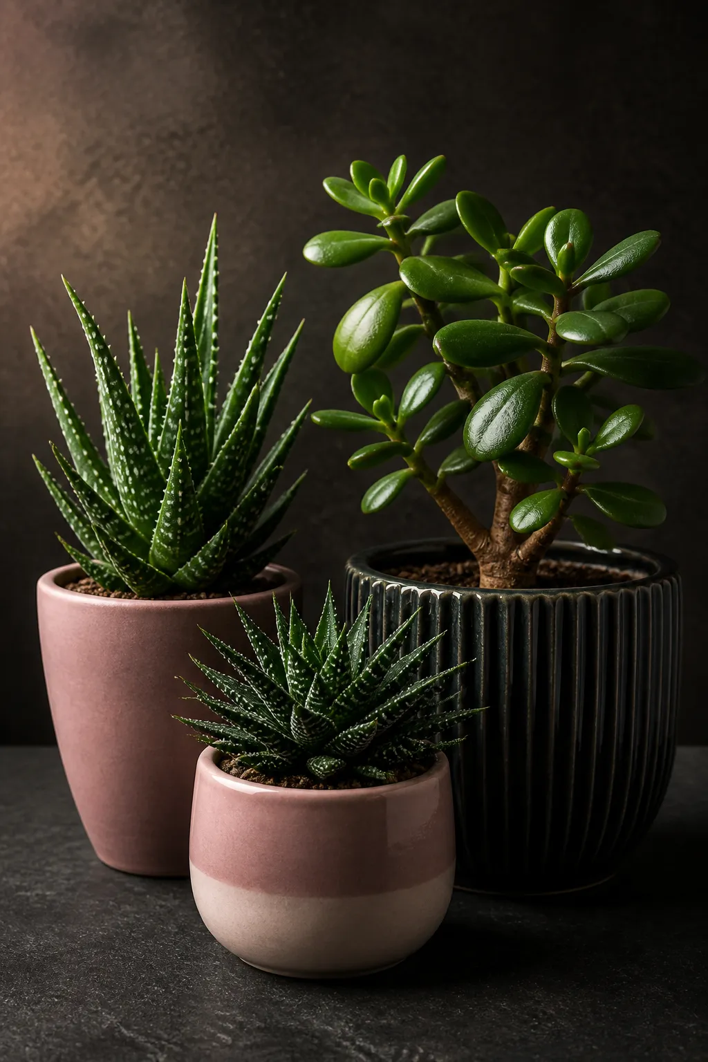 Jade and aloe plants grouped in sleek modern indoor planters