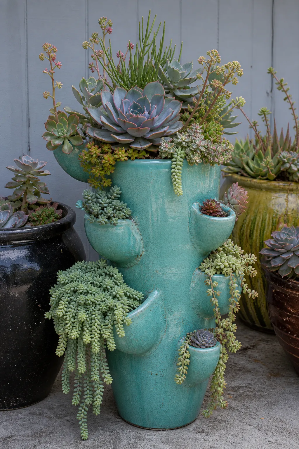 Small succulents displayed in bright turquoise pocket pots