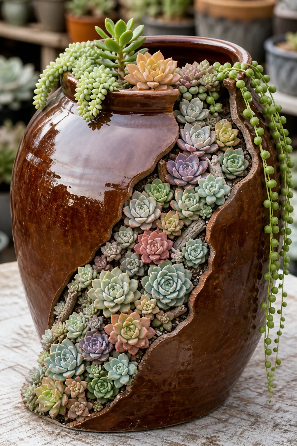 Broken terracotta pot transformed into a cascading miniature succulent garden