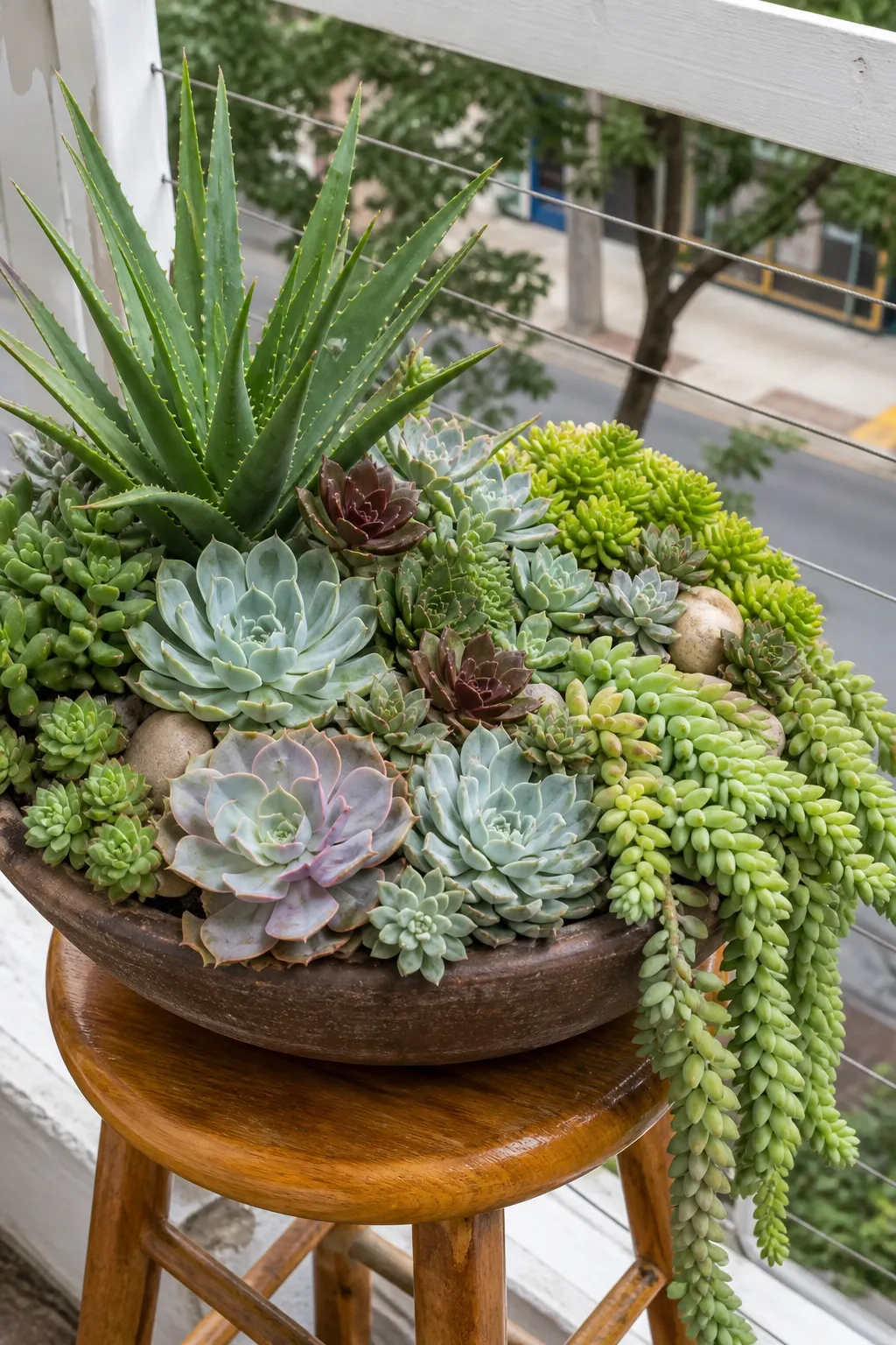 Compact bowl of mixed succulents arranged on a sunny balcony