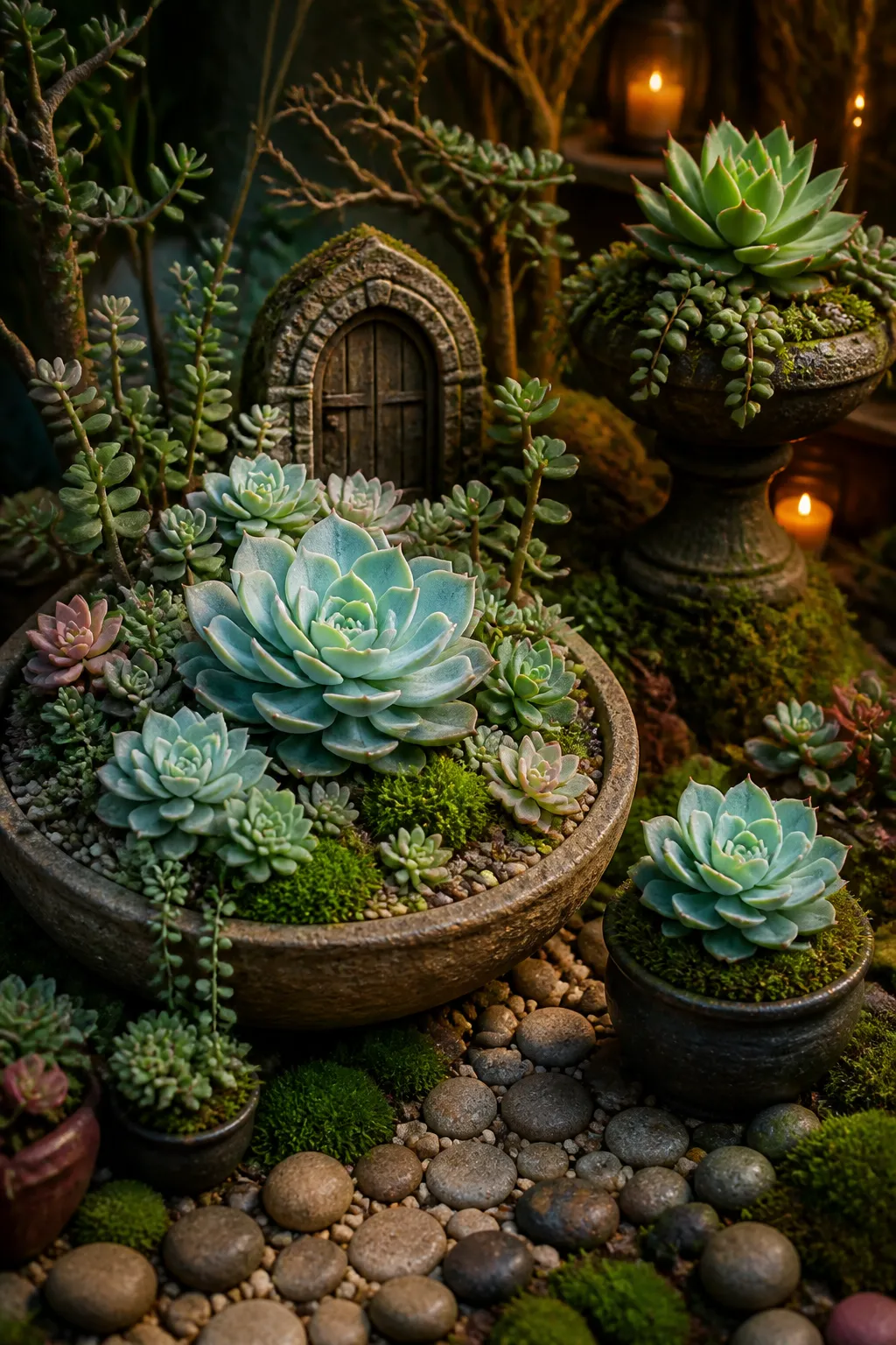 Miniature enchanted dish garden with succulents, stones, and tiny accessories