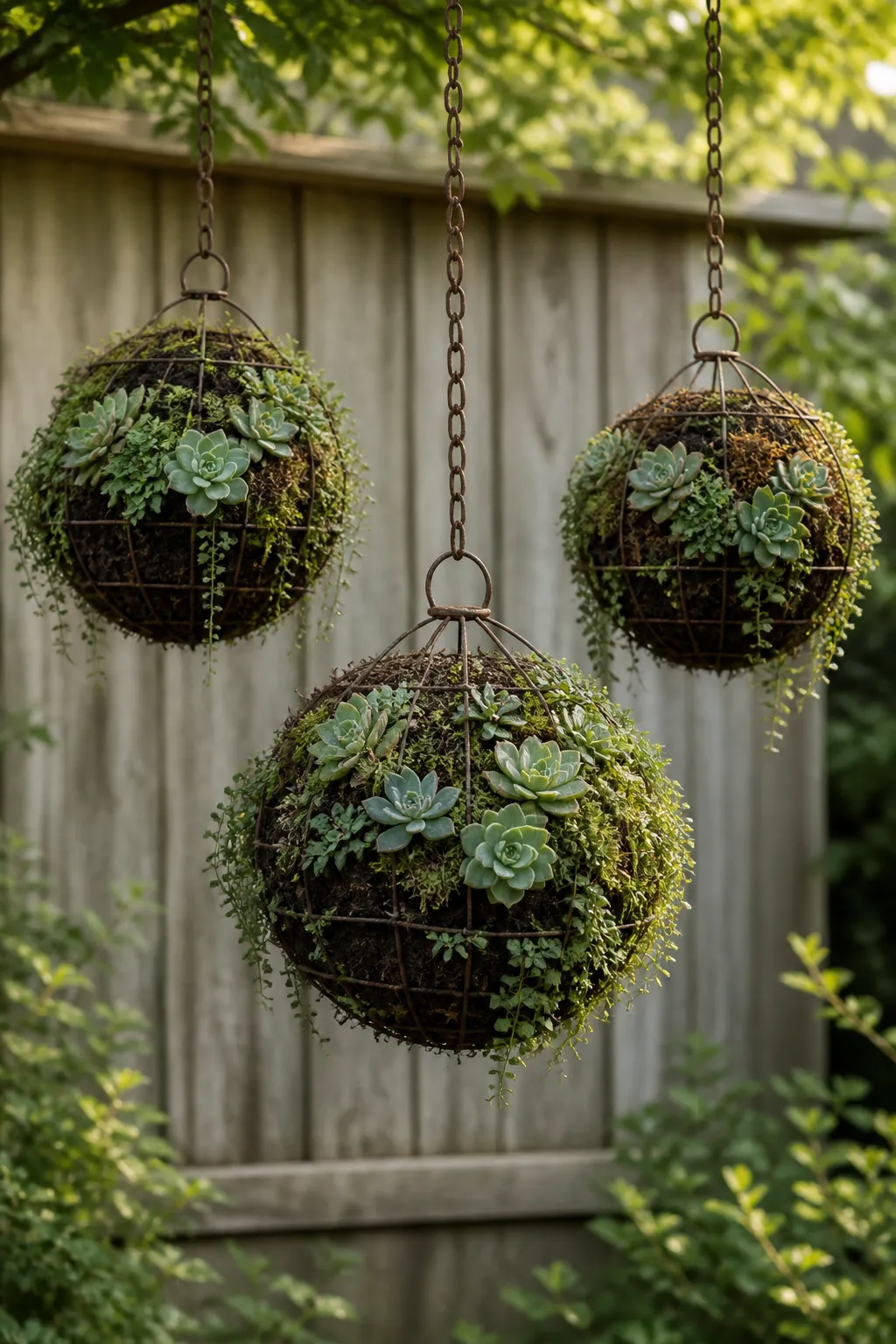 Succulents growing from rustic moss sphere planters suspended by twine