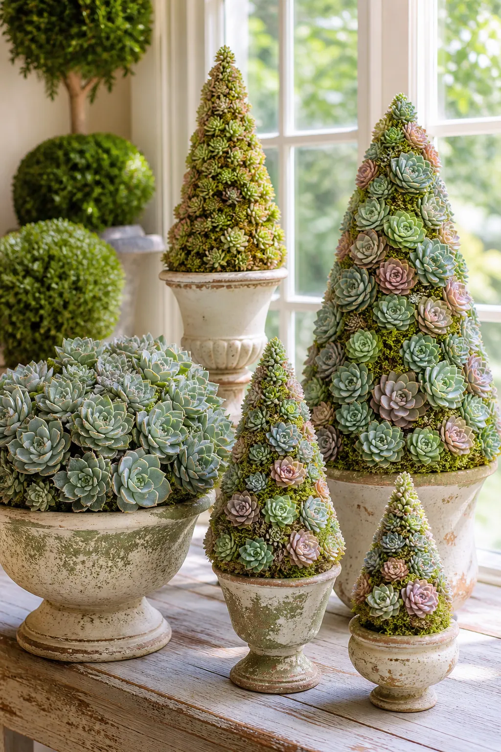 Rosette succulents arranged as charming cottage-style topiaries