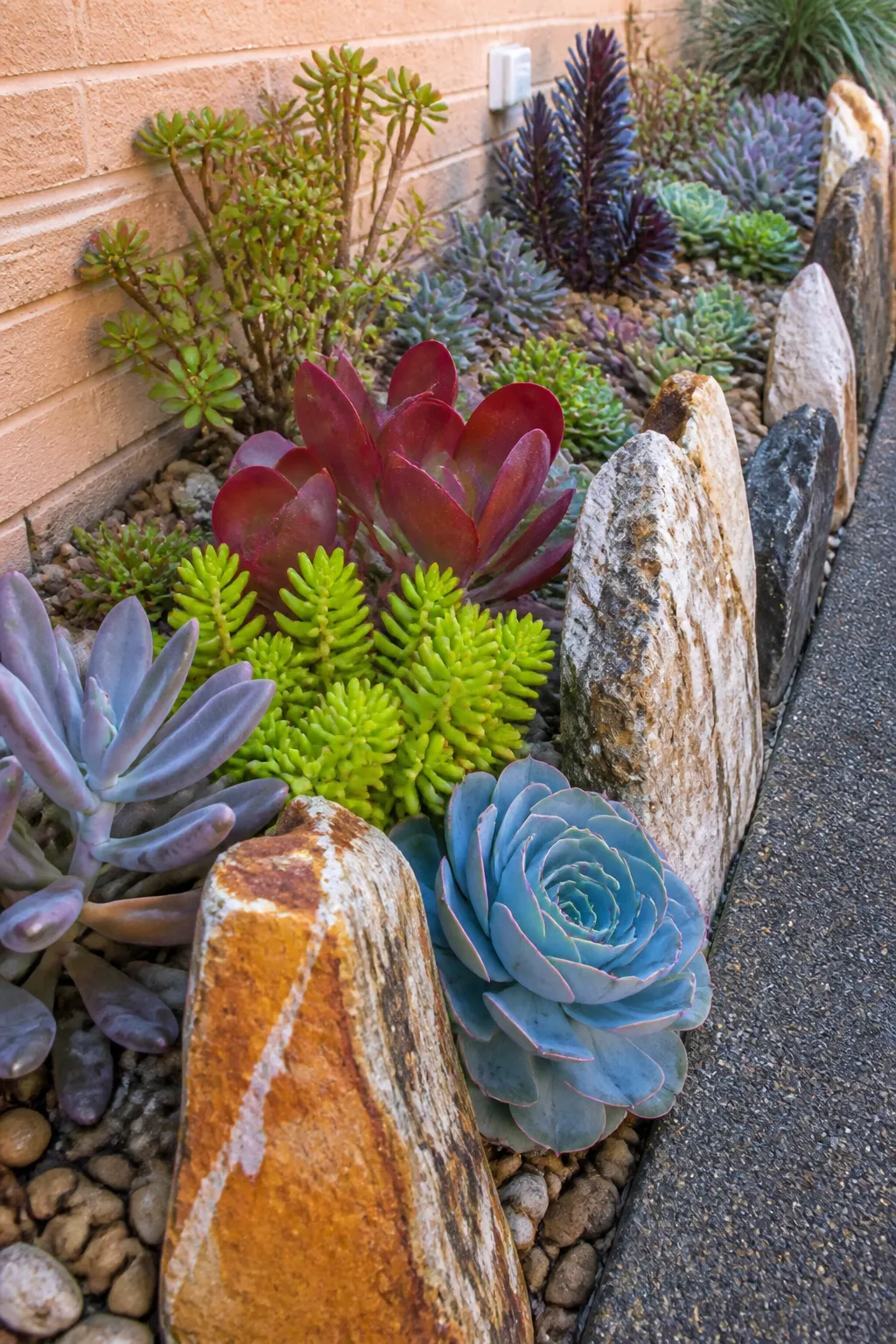 Colorful rosette succulents forming a neat border along a garden bed