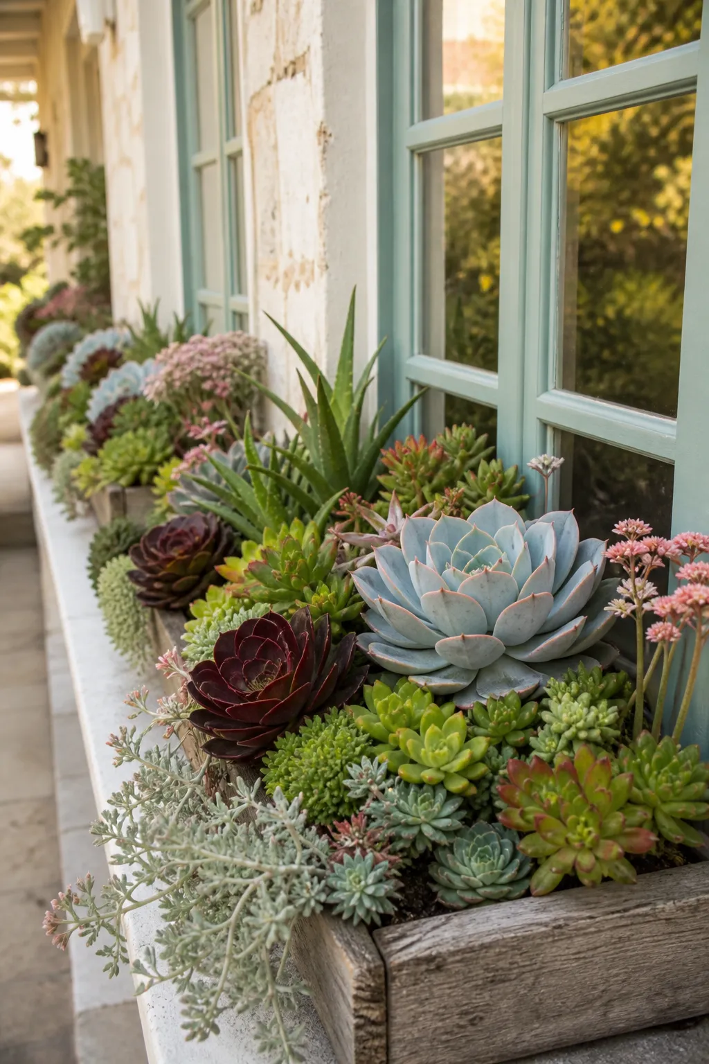 Rustic window box overflowing with layered colorful succulents