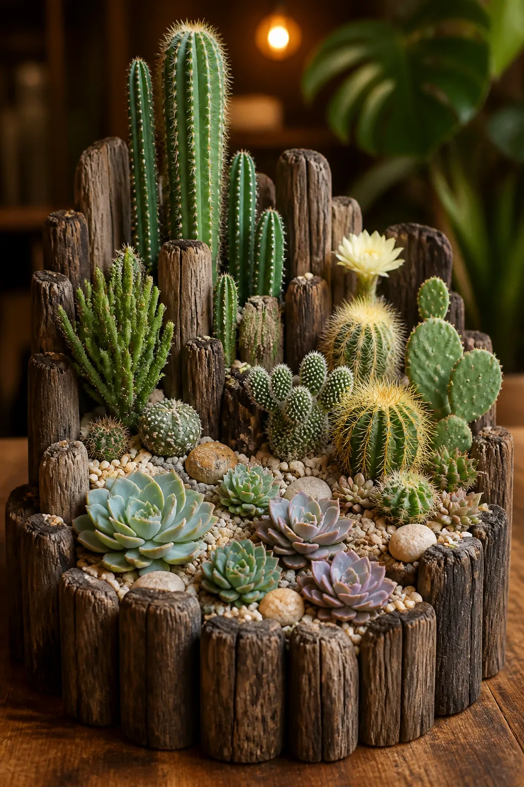 Hollow natural log planted with small cacti and colorful succulents