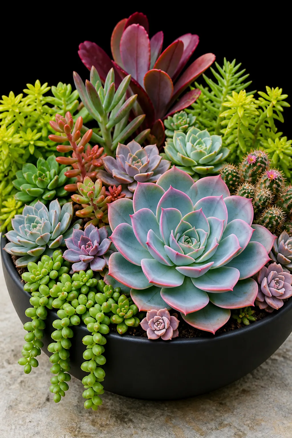 Bright multicolored rosette succulents arranged in a matte black bowl