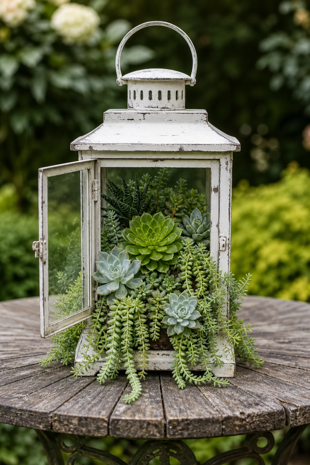 White decorative lantern converted into an airy succulent terrarium