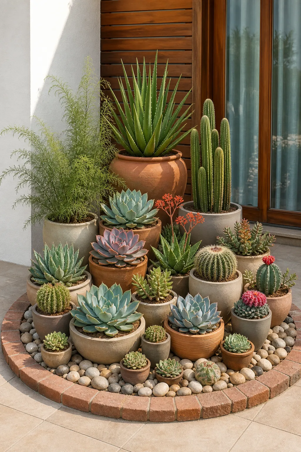 Large circular patio container planted with concentric rings of succulents