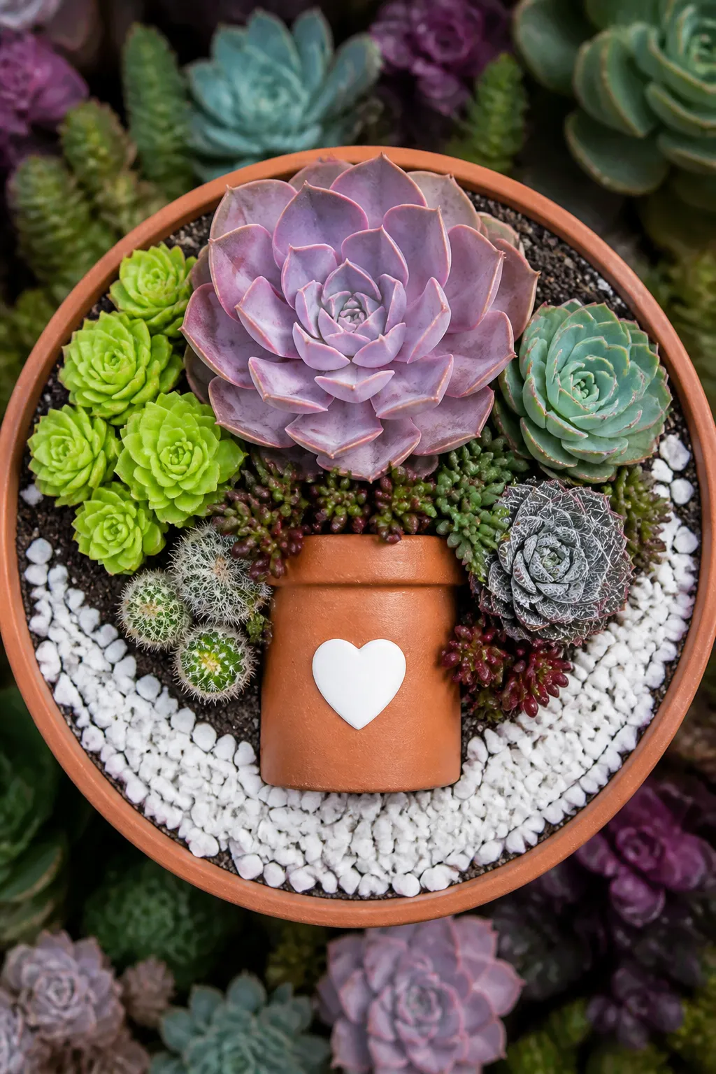 Heart-shaped pot filled with compact succulents in a small-space display