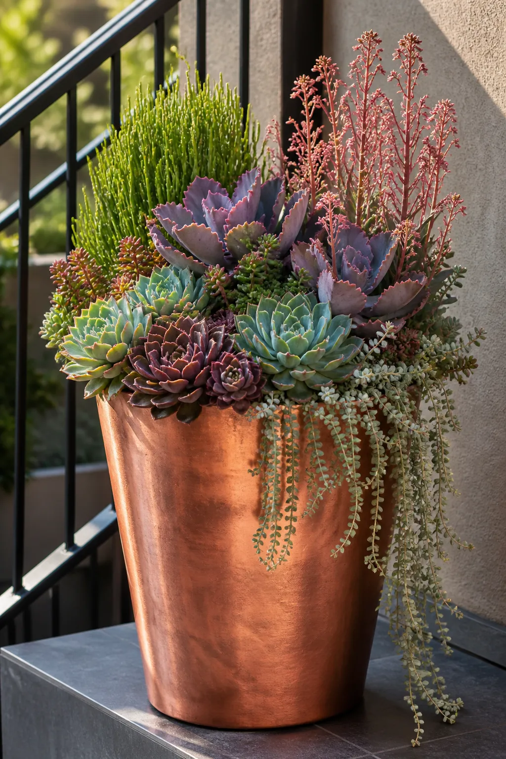 Tall copper planter displaying sculptural succulents at varied heights