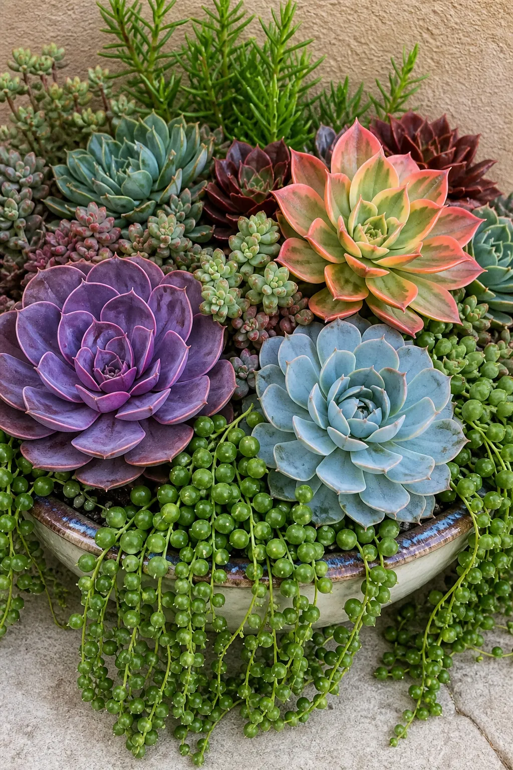 Wide bowl overflowing with colorful rosette and trailing succulents