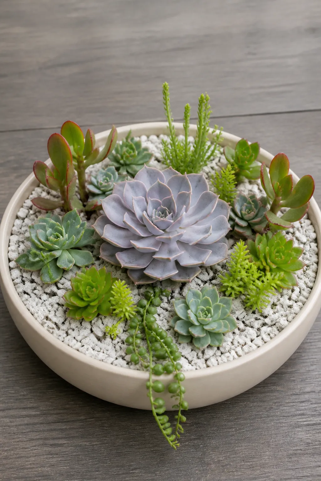 Succulent dish garden finished with a neat layer of crisp white gravel