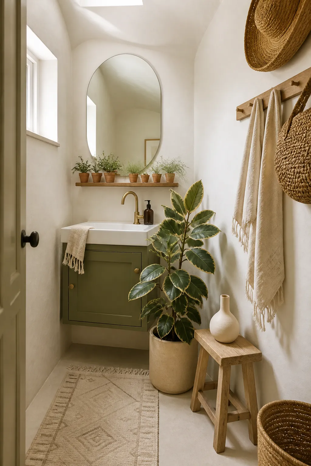 Bathroom with an olive green vanity, woven accents, and warm natural decor