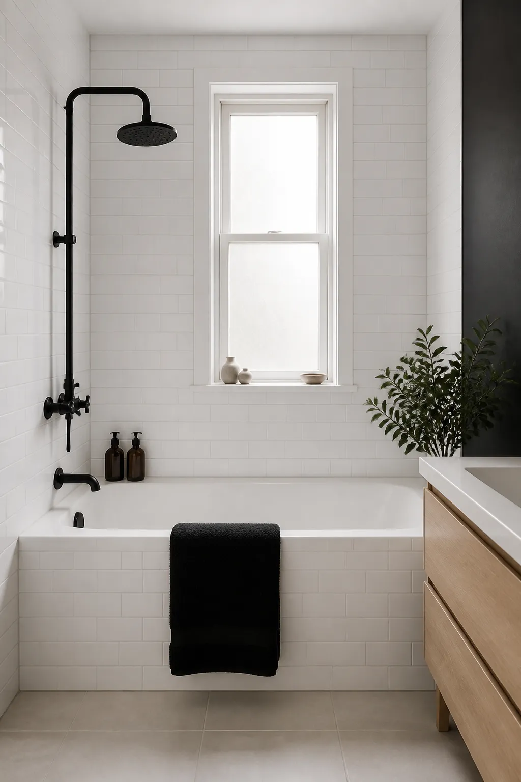 Compact bathroom with a white bathtub and slim black shower enclosure