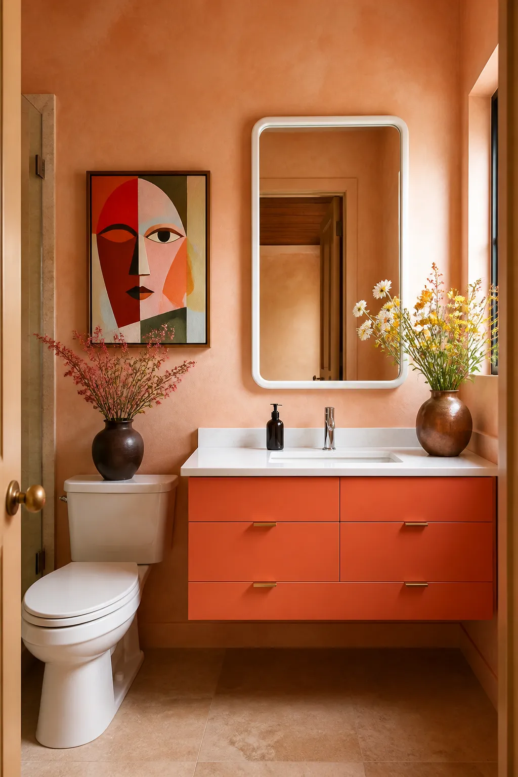 Simple bathroom with a coral vanity and understated neutral finishes