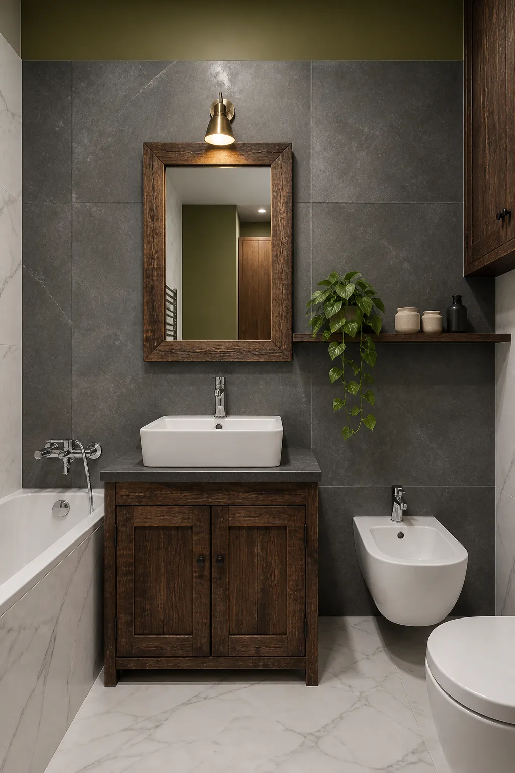 Gray tiled bathroom with a natural wood vanity and warm modern details