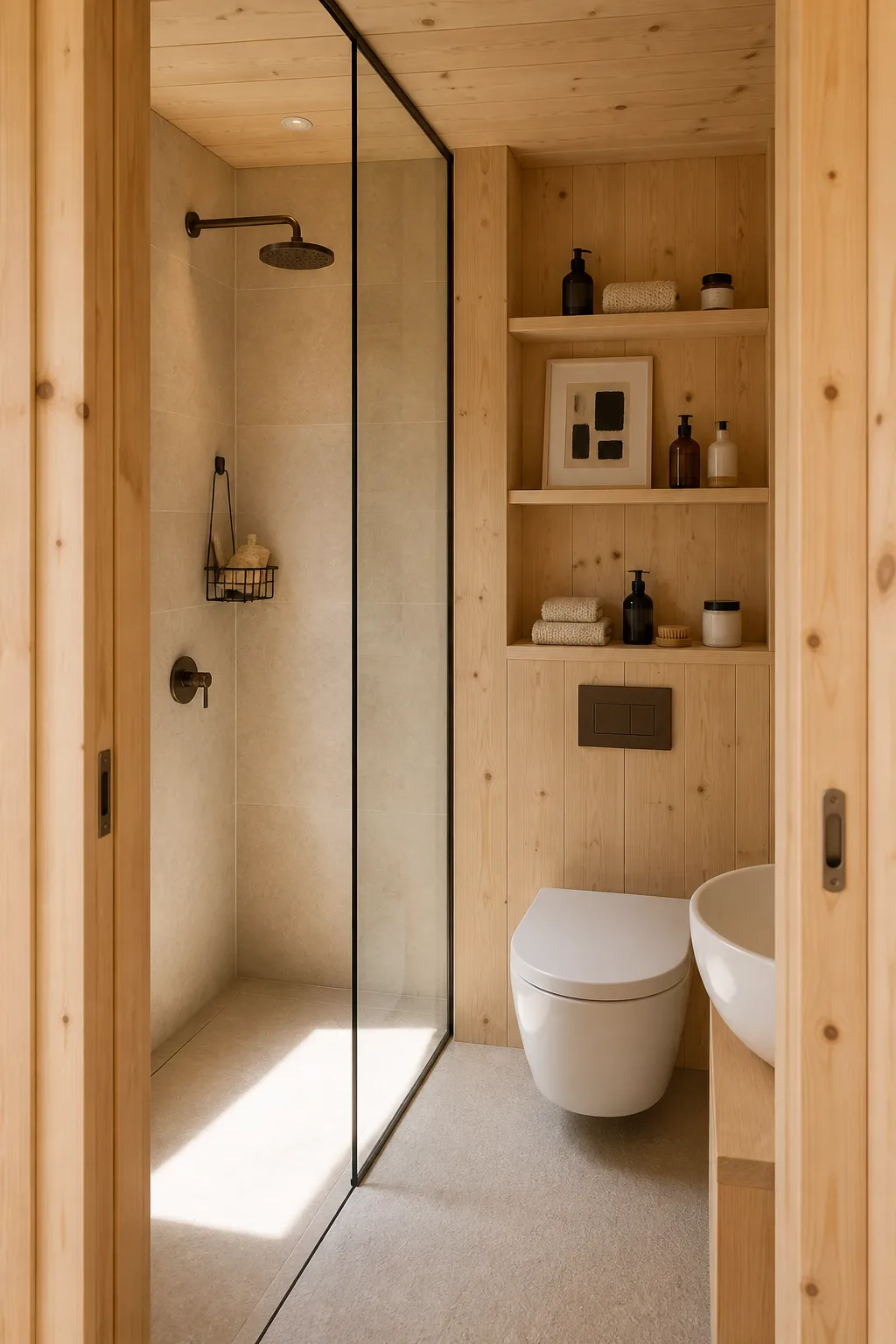 Cozy shower area wrapped in warm wood cladding with modern fixtures