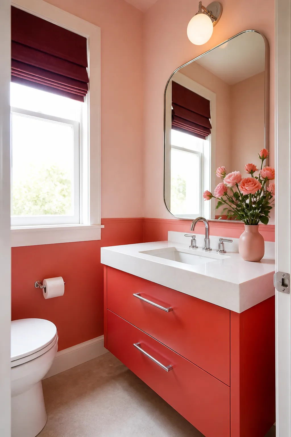 Tiny powder room decorated in coral pink with compact fixtures
